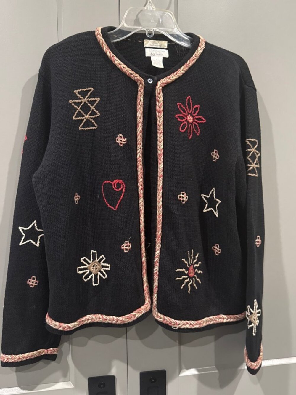 Christopher & Banks Ladies Large Black Embroidered Hearts Stars Sweater Cardigan